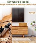 Bamboo Cable Management Box For Up To Two Power Strips hides cords on wooden console, before and after clutter-free setup.