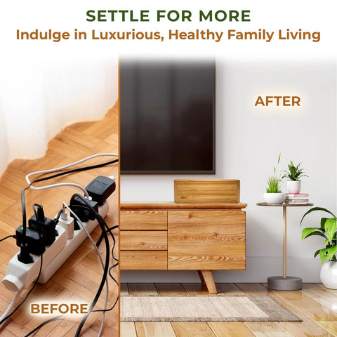 Bamboo Cable Management Box For Up To Two Power Strips hides cords on wooden console, before and after clutter-free setup.