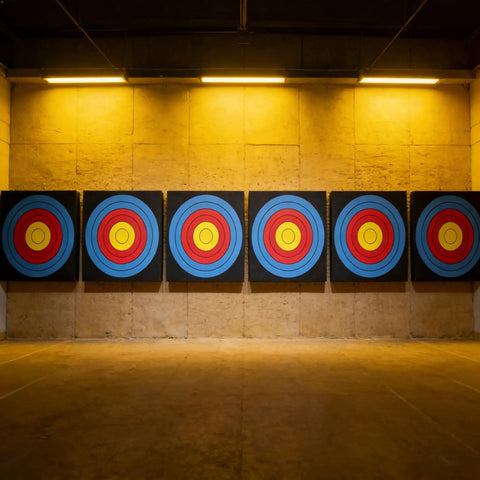 Backyard Archery Target For Youth, Kid Friendly EVA Foam displayed in a row indoors, featuring concentric circle patterns on target faces.
