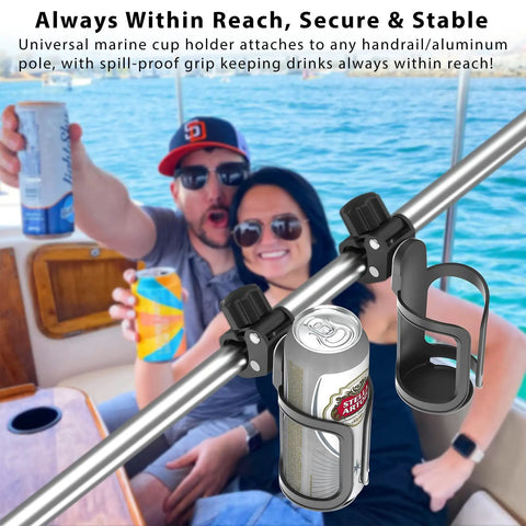 Rail Mount Cup Holder For Boats With 360 Degree Rotating Elastic Grip, Tool Free Install, Holds 20-40oz Cups, Fits 7-10cm Diameters
