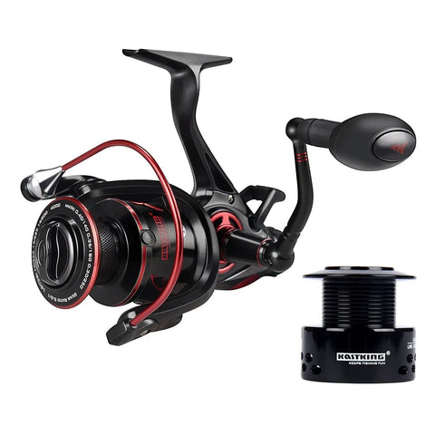 Beast Mode Baitfeeder III Spinning Fishing Reel Size 6000 With Front And Rear Drag, shown with spare spool