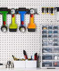Heavy Duty Carbon Steel Power Tool Organizer 2-Piece Wall Mounted Racks With 8 Slots For Drills And Hand Tools, organized garage wall.