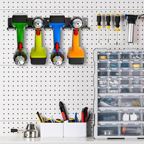 Heavy Duty Carbon Steel Power Tool Organizer 2-Piece Wall Mounted Racks With 8 Slots For Drills And Hand Tools, organized garage wall.