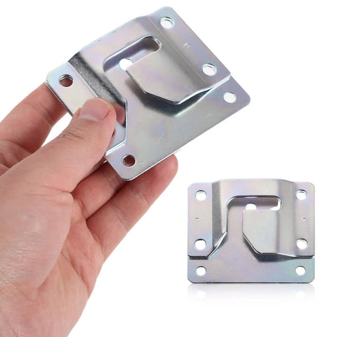 Close-up of steel hand-held bracket from Six Set Couch Connector Kit For Sectionals With Steel Interlocking Brackets And Metal Attachment Hooks