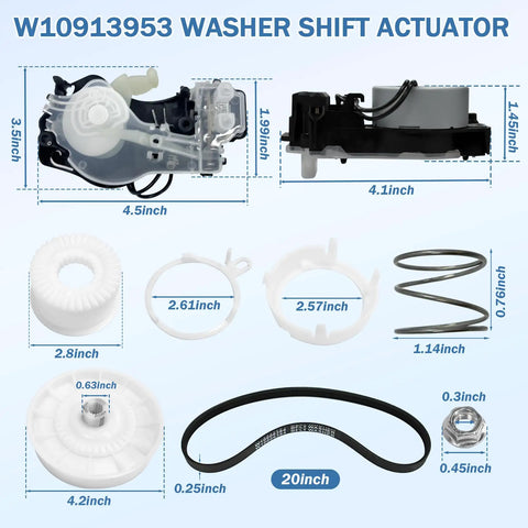 Beefed Up Washer Shift Actuator Kit With Pulley Clutch Assembly And Drive Belt, Durable ABS Metal Construction, Compatible With Whirlpool Maytag Amana Kenmore Washers Replaces PS10057144, showing dimensions of components.