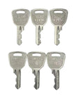Six 4241A Ignition Keys With Loreto Logo In Silver Metal Replacement Key Set For Lifts And Elevating Platforms, Durable Cross-Hatch Head Keys, 6 Pack Included. Six silver metal TEKNIC 4241A ignition keys with Loreto logo, front view.