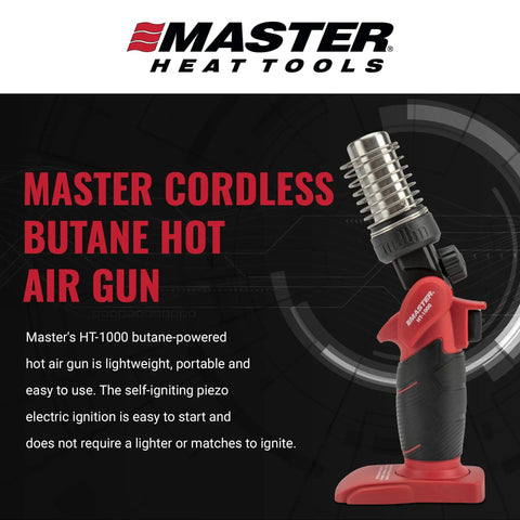 Cordless Butane Heat Gun With Shrink Reflector displayed with black and red design, showcasing portable and durable features.