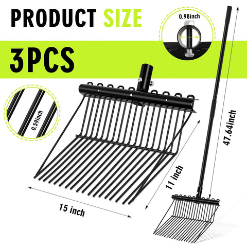 Three Pack Metal Manure Forks With Long Ergonomic Handles Heavy Duty Muck Rake dimensions and steel construction details