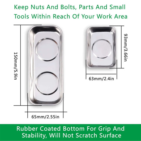10 Piece Magnetic Tray Set For Tools And Tiny Parts, Stainless Steel Trays in 5.9x2.5in and 3.6x2.4in sizes with rubber base