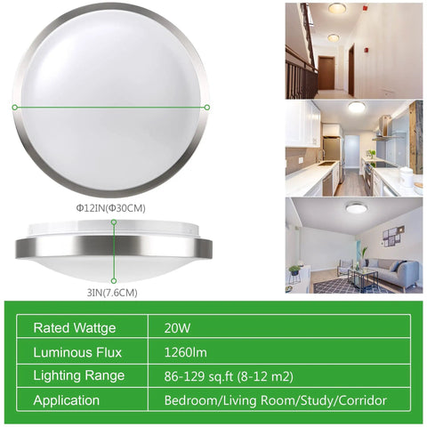 12 Inch LED Ceiling Light With Five Color Temperature, Easy No Fuss Install Flush Mount Brushed Nickel Finish 20W 1260lm