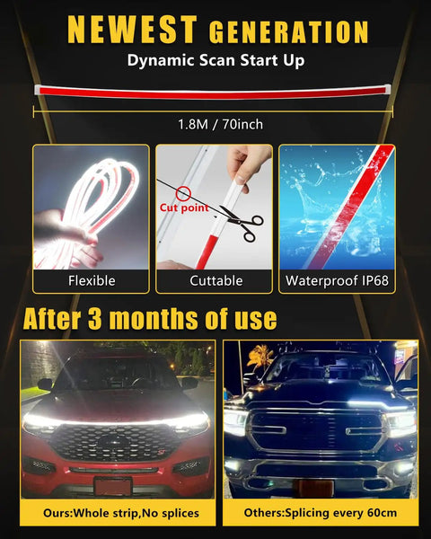 LED Hood Light Strip Exterior For Cars Waterproof Flexible DRL With Dynamic Scan Startup Hood Beam Kit Daytime Running Light For Car Truck SUV 12V 70Inch White 1 Set Weatherproof Easy Install Showroom Bright Ride Ready features
