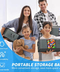 Family holding 35L Foldable Storage Bags Six Pack With Clear Window And Sturdy Handles, filled with toys and clothes in grey.