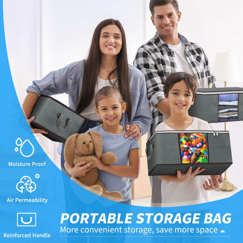 Family holding 35L Foldable Storage Bags Six Pack With Clear Window And Sturdy Handles, filled with toys and clothes in grey.