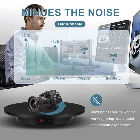 Heavy Duty Motorized Rotating Display Stand Rechargeable 360 Degree Platform With Remote Control showing quiet operation for product photography.