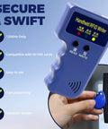 Blue handheld RFID card reader and writer with buttons, shown in use with keychain, labeled 'Handheld RFID Writer' for T5577 and EM4305.