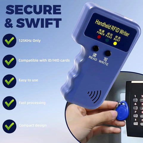 Blue handheld RFID card reader and writer with buttons, shown in use with keychain, labeled 'Handheld RFID Writer' for T5577 and EM4305.
