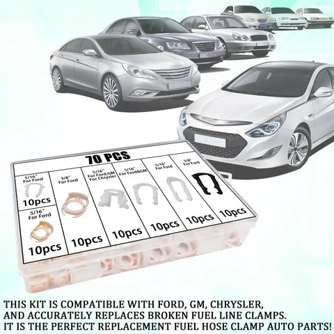 70 Piece Fuel Line Clips Kit With 7 Size Variations For 3/8 And 5/16 Inch Lines, Injector Connectors And Hose Retainers, Compatible With Ford GM Chrysler Vehicles And More, with cars in background.