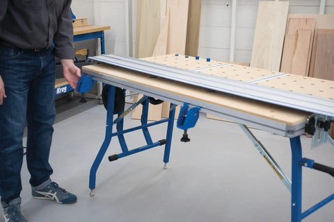 Level Up Your Shop Rig With These Knockout Adaptive Cutting System Extension Brackets That Bolt Right Onto Standard Workbenches Or Portable Project Tables For Quick Setup on blue workbench.