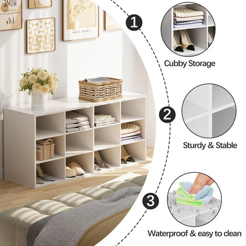 12 Cubby Shoe Storage Bench With 3 Tier Vertical Wood Shoe Rack Organizer For Entryway Hallway Closet And Garage White Shoe Cabinet With Space Saving Design Durable And Easy To Clean in living room setting