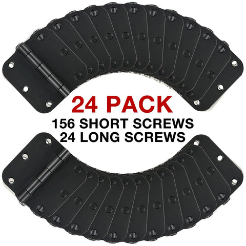 24 pack of Dope Matte Black Door Hinges 3.5x3.5 Inch Set with 5/8 Radius Corners, flat iron style, with screws for installation.