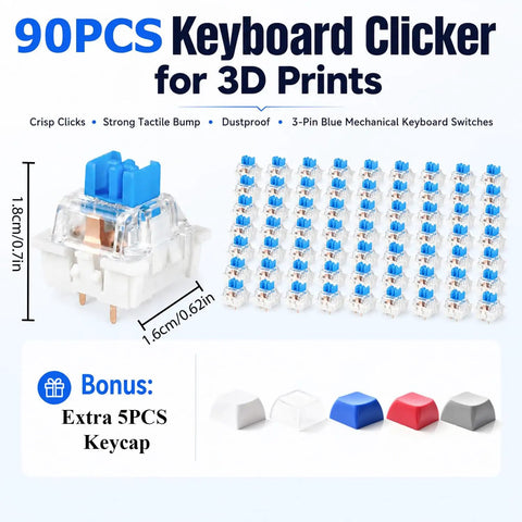90 Pack Blue Keyboard Clicky Mechanical Switches for 3D Printer Projects and DIY Keyboards Includes 5 Keycaps Replacement Kit, blue switches