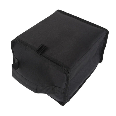 Compact black Rugged Camping Fuel Cylinder Carrier Bag For Gas Tanks And Gear, shown with Oxford cloth and sturdy handles, side view.