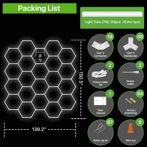 Packing list for Hexagon Garage Light System With 22 Grids 3 Level Dimmable 581W 63910LM LED Hexagonal Shop Light
