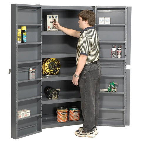 Man organizing tools inside Workhorse Steel Storage Cabinet With Adjustable Interior Shelves And Heavy Duty Deep Pocket Doors.