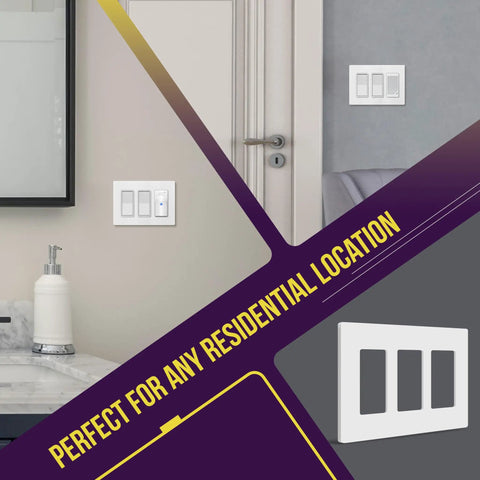 3-Gang Screwless Decorator Wall Plate With Child Safe Cover Unbreakable Polycarbonate Thermoplastic Glossy White Finish in home settings