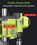 Close-up of the Double Stroke Scale on a Powerful 880W Bench Drill Press With Adjustable Speed And Integrated Vise for precise operation.