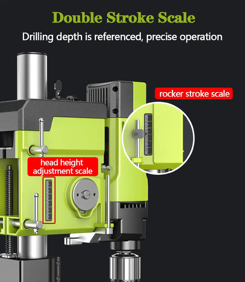 Close-up of the Double Stroke Scale on a Powerful 880W Bench Drill Press With Adjustable Speed And Integrated Vise for precise operation.
