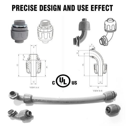 Pack Of One Half Inch Liquid Tight PVC Electrical Conduit Connectors, Straight And 180 Degree Flexible Fittings, UL Listed diagram