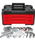 230 Piece Hand Tool And Socket Set With 3 Drawer Tool Box For Auto Repair And Home Projects, Heavy Duty Wrenches Visible