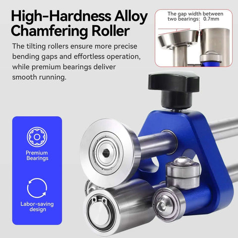 High-hardness alloy chamfering roller with tilting design for precise bending, part of Pro Grade 1 Station Sheet Metal Roller Bender For Pros.