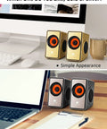 Gold and silver 12W Mini Desktop Computer Speakers With Volume Control, USB Powered Laptop Sound Bar, side by side on desks.
