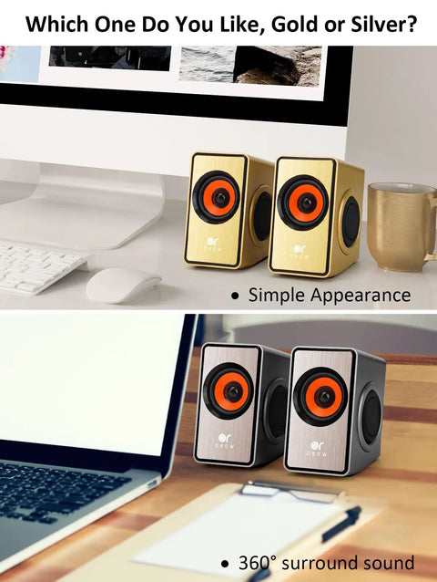 Gold and silver 12W Mini Desktop Computer Speakers With Volume Control, USB Powered Laptop Sound Bar, side by side on desks.