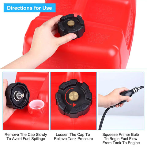 Hand demonstrating steps to use 3 Gallon Portable Boat Fuel Tank With Nine Point Eight Foot Hose And Level Gauge Outboard Marine Gas Tank
