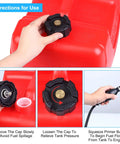 User operating 6L Portable Boat Tank With 3 Gal Capacity, Outboard Marine Fuel Tank, 9.8 Ft Hose, Level Gauge, dual vent cap system.