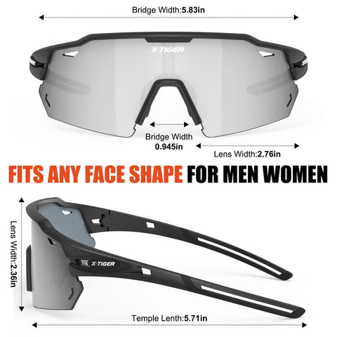 Front and side view of Polarized Cycling Glasses With Five Interchangeable Lenses For MTB And Running Sports, showing measurements and black frame.