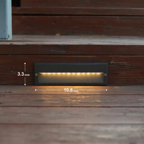 Low Voltage Outdoor Step Lights Kit 12V AC Landscape Stair Lighting 8 Pack mounted on wooden step, 6W LED, 3000K warm white