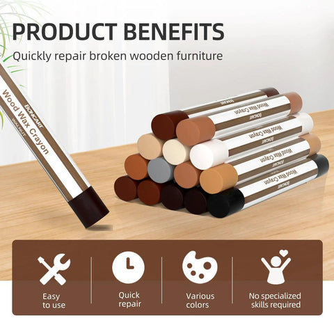 12 Colors Wood Filler Sticks Wax Crayons For Quick Fixes On Wood Furniture Floors Cabinets Tables And Doors Repair Scratches Scuffs Cracks And Nail Holes With Easy Color Matching Kit displayed on wooden surface