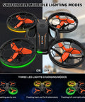 RC Drone With Auto Hover And Headless Mode For Easy Night Flights LED Lights Full Prop Guard 3D Flips Includes 3 Batteries And Remote Control Built For Beginners And Kids As The Ultimate Gift displaying switchable LED lighting modes