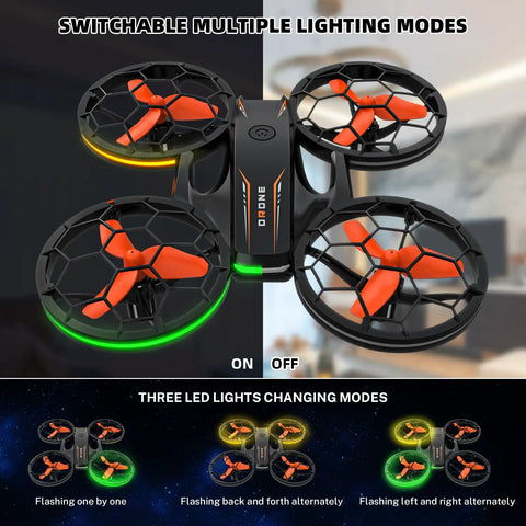 RC Drone With Auto Hover And Headless Mode For Easy Night Flights LED Lights Full Prop Guard 3D Flips Includes 3 Batteries And Remote Control Built For Beginners And Kids As The Ultimate Gift displaying switchable LED lighting modes