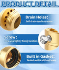 Lead Free Brass Self Draining Vacuum Breaker Adapter For Outdoor Faucets Three Quarter Inch GHT Female To Three Quarter Inch GHT Male Anti Siphon Backflow Preventer Hose Bib Spigot Replacement showing drain holes, screw, and built-in gasket.