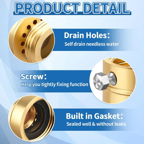 Lead Free Brass Self Draining Vacuum Breaker Adapter For Outdoor Faucets Three Quarter Inch GHT Female To Three Quarter Inch GHT Male Anti Siphon Backflow Preventer Hose Bib Spigot Replacement showing drain holes, screw, and built-in gasket.