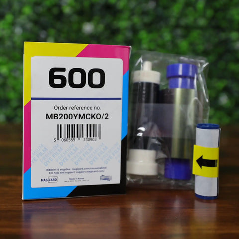 Two Pack Ymcko Color Ribbon For Id Badge Printers Delivering Two Hundred Full Color Prints Alongside Twenty Pvc Cards in box with barcodes.