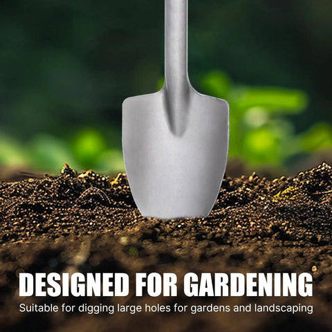 Close-up of SDS Max Shank 40Cr Steel Clay Spade Demolition Jack Hammer Bit 16.1 Inch against soil with greenery, designed for gardening.