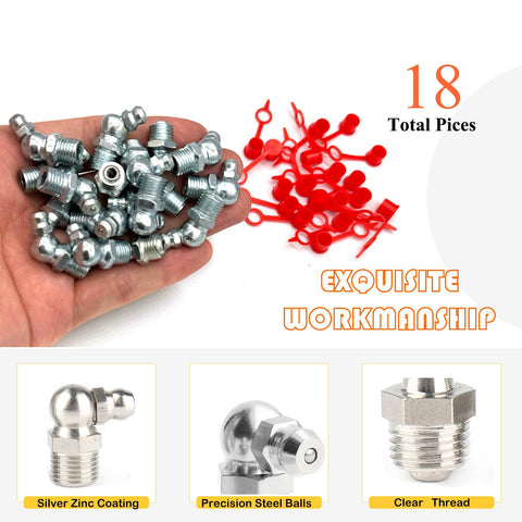 18-Piece 3/8-24 Grease Fitting Kit With Zerk Caps Straight 45 Degree And 90 Degree Configurations Galvanized Steel Image