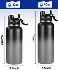 Bulk 8 Pack 32 Oz Double Wall Vacuum Insulated Stainless Steel Water Bottle With Leak Proof Flip Lid And Tote Handle, side view showing 32oz and 40oz size dimensions.