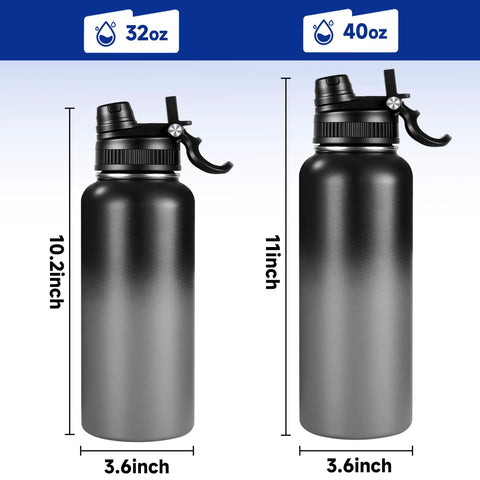 Bulk 8 Pack 32 Oz Double Wall Vacuum Insulated Stainless Steel Water Bottle With Leak Proof Flip Lid And Tote Handle, side view showing 32oz and 40oz size dimensions.